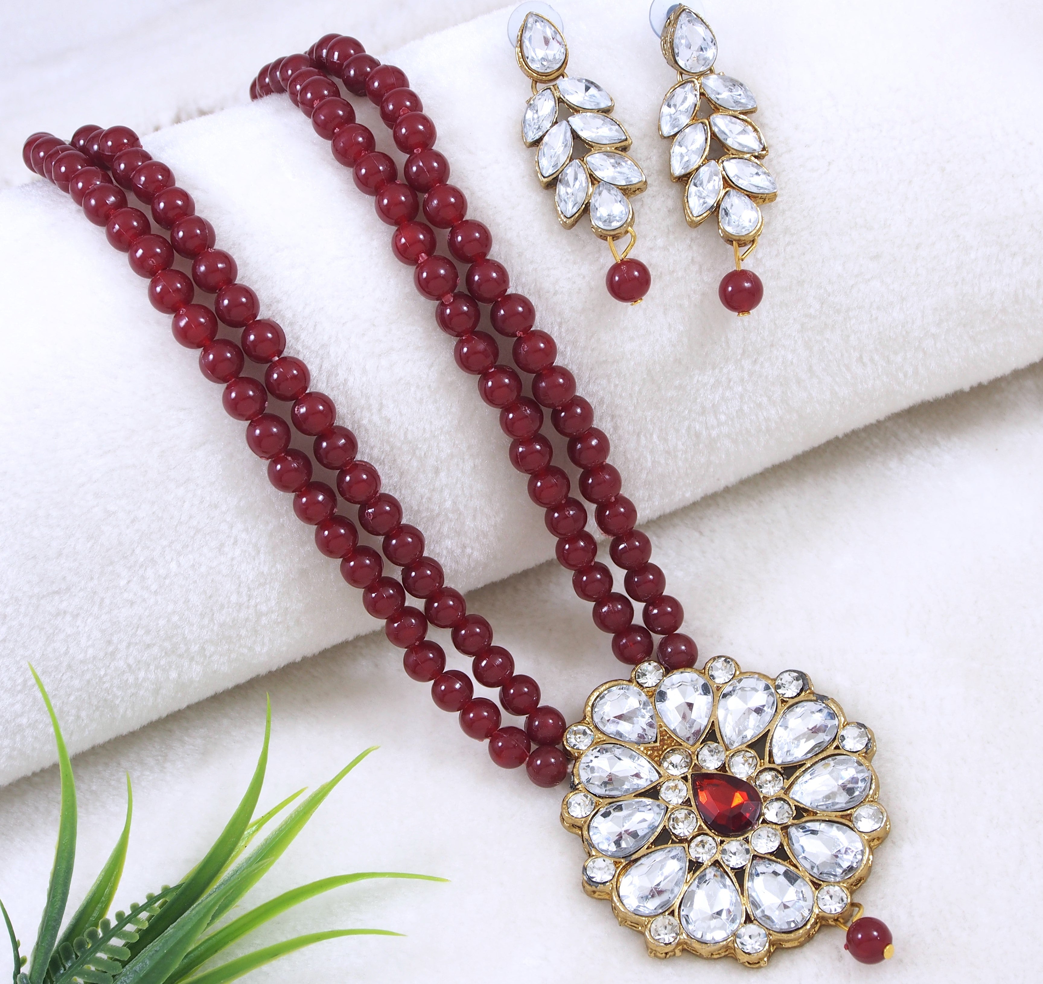 Double Layer Beaded Necklace Set with Stone Studded Pendant & Matching Earrings